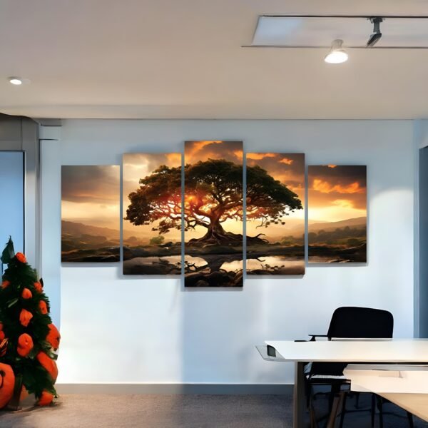 Elegant Black Framed Vibrant Tree in Golden Light Art