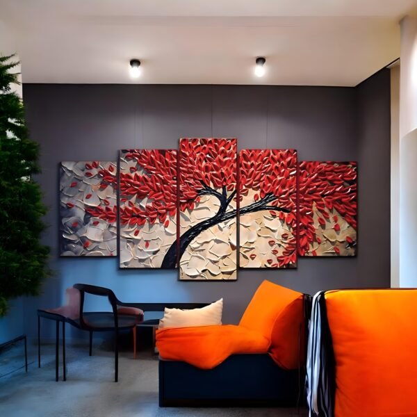 Impasto Autumn Textured Red Tree Canvas