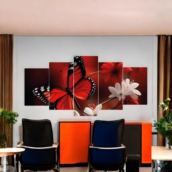 Crimson Contrast Butterfly and Floral Canvas