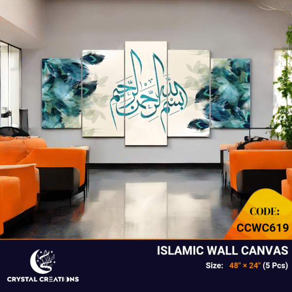 Panoramic Teal Basmala with Feathers Canvas
