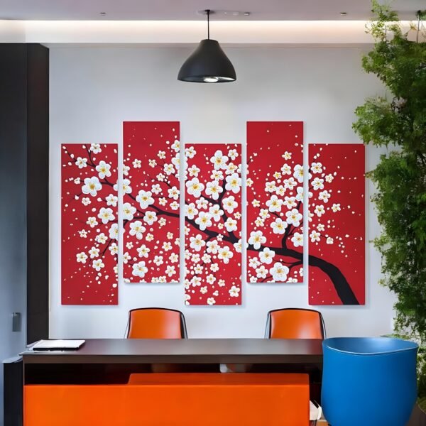 Pristine Bloom on Crimson Vibrant Tree Canvas