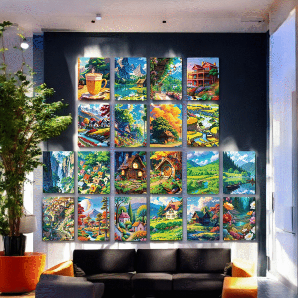 Framed Vibrant Whimsical Landscape Gallery Wall